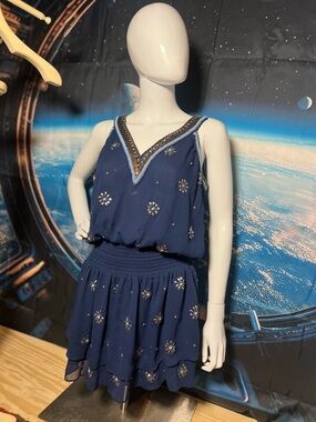 Ramy Brook Dress  S Blue Ruffle Tiered Mini Embellished Sequin Studded V Neck